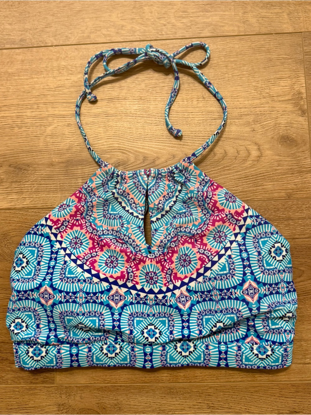 Athleta Women’s High-Neck Halter Swim Bra Top Teal, Pink, Purple Geometric Sz. M